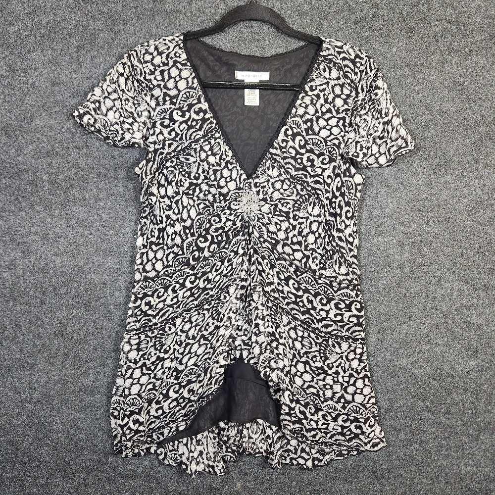 Y2k Nine West Womens 12 Black White 100th % Silk Sheer Lined Empire Waist Top
